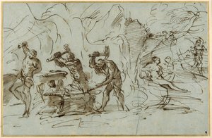The Forge of Vulcan (pen & blæk med vask, forhøjet med gouache på papir) af Pier Francesco Mola