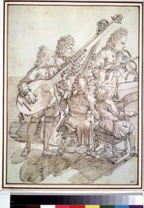 ""Koncerten"" Karikatur, der repræsenterer en koncert af fem musikere (kvintet) på lut, violin, klaver, cello. Pen og blæk tegning af Pier Leone Ghezzi (1674-1755) Pushkin Museum fra det 18. århundrede, Moskva