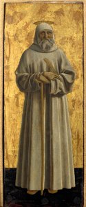 Polyptic of Misericorde: Jomfruen af Misericorde, omgivet af helgener. Detalje, der forestiller Sankt Benedikt af Nursie. Maleri på træ af Piero della Francesca (1415/20-1492) 1445-1460 Dim. 54x21 cm Sansepolcro, Pinacoteca Comunale af Piero della Francesca