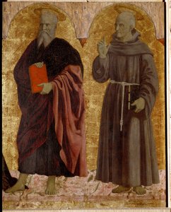 Polyptic of Misericorde: Jomfruen af Misericorde, omgivet af helgener. Detalje, der afbilder Sankt Andre og Sankt Bernardino af Siena (Bernardino da Siena eller Bernardino degli Albizzeschi af Piero della Francesca