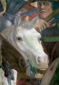 Legenden om det sande kors, slaget mellem Heraklius og Chosroes, detalje af en hest og en soldat, fuldført 1464 fresko