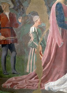 Legenden om det sande kors, dronningen af Saba, der tilbeder korsets skov, detalje af en ledsager, færdiggjort fresko fra 1464 af Piero della Francesca
