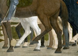 Legenden om det sande kors, Konstantins sejr i slaget ved Milvian Bridge, detaljer om hestens fødder, færdiggjort 1464 fresko