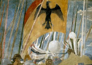 Legenden om det sande kors, Konstantins sejr i slaget ved Milvian Bridge, detalje af banneret, færdiggjort fresko fra 1464 af Piero della Francesca