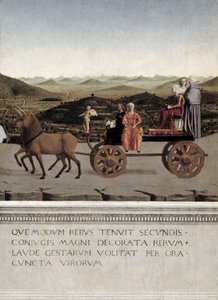Triumf af Battista Sforza, hertuginde af Urbino. Battista og hendes tjenerinde, to teologiske dyder og en nonne bliver trukket i en triumfbil af to brune enhjørninger, efter 1472 (tempera på panel) (detalje af Piero della Francesca