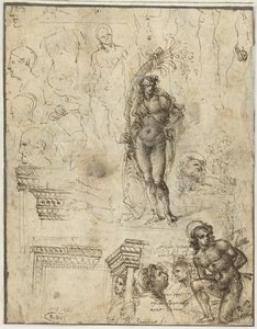 Studieark med hoveder, figurer og arkitektoniske fragmenter Studieark med hoveder, figurer og arkitektoniske fragmenter af Piero di Cosimo (attributed to)