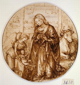 Tilbedelse af barnet (pen og blæk på papir) af Piero di Cosimo