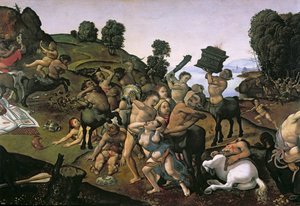 Kampen mellem Lapitherne og Kentaurerne, (detalje af Kentaurer, der angriber Lapitherne) ca. 1490