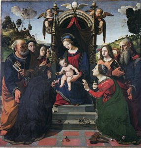Jomfru og barn på tronen omgivet af helgener (olie og tempera på panel, ca. 1493) af Piero di Cosimo