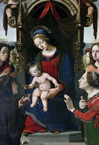Jomfru og barn på tronen omgivet af helgener, detaljer (olie og tempera på panel, ca. 1493) af Piero di Cosimo