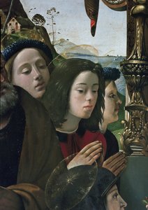 Jomfru og barn på tronen omgivet af helgener, detaljer (olie og tempera på panel, ca. 1493) af Piero di Cosimo