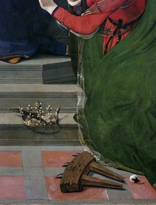 Jomfru og barn på tronen omgivet af helgener, detaljer (olie og tempera på panel, ca. 1493) af Piero di Cosimo