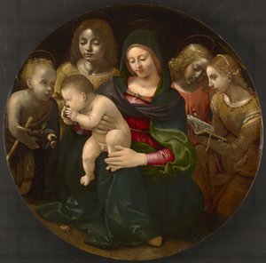 Jomfru og barn med den unge Sankt Johannes Døberen, Sankt Cecilia og Engle, ca. 1505 af Piero di Cosimo