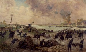 Belgiske tropper i kamp på Yser, oktober 1914, Første Verdenskrig, Belgien, 20. århundrede af Pierre Ernest and Neymark Gustave Ballue