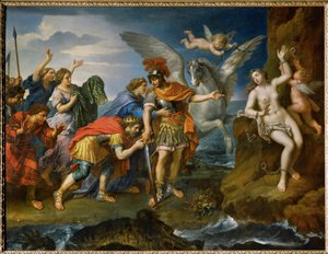 Dronningen og kongen af Etiopien takker Perseus for befrielsen af deres datter Andromeda ... af Pierre (follower of) Mignard