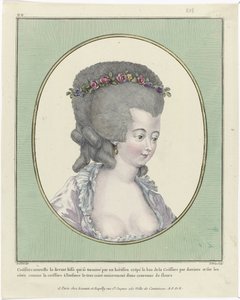 Frisurer, puf, hatte og huer: Elleve frisurer og hovedbeklædninger Galleri for fransk mode og kostumer, 1781, oo 218: New Coëffure forsiden (...) af Pierre Adrien Le Beau