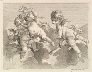 Tre kærligheder, den ene holder et kogger, den anden, druer, 1727-60. af Pierre Alexandre Aveline