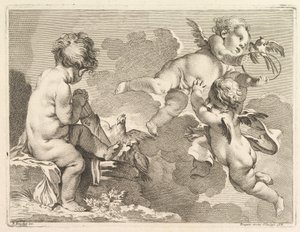 Tre kærligheder, hvoraf den ene sidder, holder et kogger, 1727-60. af Pierre Alexandre Aveline