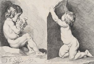 To nøgne børn, der spiser druer, fra New Book of Children, 1720-60.