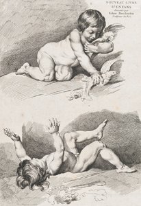 To nøgne børn, der leger med et blad, fra New Book of Children, 1720-60.