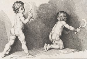 To nøgne børn stående, fra New Book of Children, 1720-60.