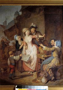 Forførelsen En mand forfører en ung kvinde ved at tilbyde hende en buket blomster, en anden kvinde ser ud til at advare hende. Maleri af Pierre-Alexandre Wille dit Wille Fils (1748-1821). 1778. Paris, Museum for dekorativ kunst