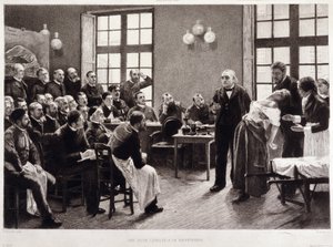 En klinisk forelæsning af Dr. Charcot på Salpetriere i 1887. Studerende fra afdelingen af professor Jean Martin Charcot, der forklarer sagen om Blanche Wittman, hans patient og marsvin foretrækker hendes forskning i hysteri. Han var assistent for Jo af Pierre Andre (after) Brouillet