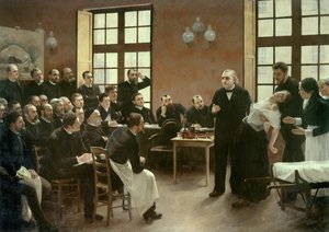 En klinisk forelæsning af Dr. Charcot på Salpetriere i 1887. Studerende fra afdelingen af professor Jean Martin Charcot (1825-1893), der forklarer sagen om Blanche Wittman, hans patient og marsvin foretrækker hendes forskning i hysteri. Han var en assisten
