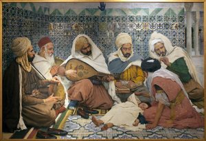 Eksorcisme: Arabiske musikere jager jinn fra et barns krop. Maleri af Andre Brouillet (1857-1914), Olie på lærred