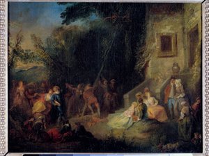 maj plantede en traditionel fest, som bestod i at plante et træ i maj. Maleri tilskrevet Pierre-Antoine Quillard (ca. 1701-1733) 1700-tallet. Sol 0,37x0,45 m af Pierre Antoine (attr. to) Quillard