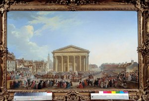 Ceremoni med nedlæggelse af den første sten til den nye kirke Saint Genevieve den 6/09/1764 nær Pantheon-maleriet af Pierre Demachy (1723-1807) 1765. Dim. 81 x 1,29 m Paris, musee Carnavalet - Ceremoni for lægning af den første sten til den nye St Genevi-k af Pierre Antoine Demachy