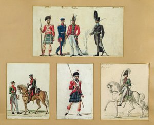 Skotske soldaters uniformer og preussiske, engelske, hannoveranske og russiske officerer i 1814