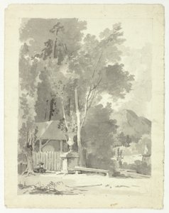 Klassisk urne foran et skur med tempel og bjerg i baggrunden af Pierre Antoine Mongin