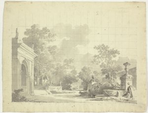 Udsigt over parken ved Versailles: Buet indgang til en terrasse, urner og ødelagte statuer af Pierre Antoine Mongin