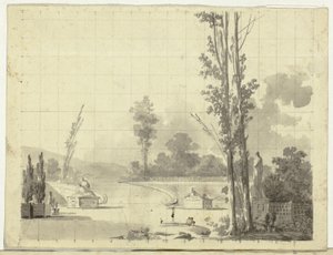 Udsigt over parken ved Versailles: Trappe og to popler af Pierre Antoine Mongin