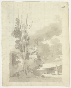 Udsigt over parken ved Versailles: Terrasse, træer og rytterstatue