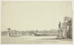 Udsigt over parken ved Versailles: Terrasse med urne, sfinx og kvindestatue