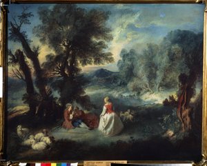 ""Pastoral Scene"" Scene med forførelse mellem hyrder. Maleri af Pierre Antoine Quillard (1701-1733) omkring 1730 Pushkin Museum, Moskva