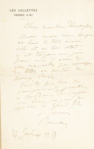 Autografbrev underskrevet til Dr. Fritz Thurneyssen, Paris og Les Collettes, 24. juni 1908 af Pierre Auguste Renoir