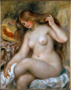 Blond badegæst. Nøgen kvinde med meget langt hår. Maleri af Pierre Auguste Renoir (Pierre-Auguste