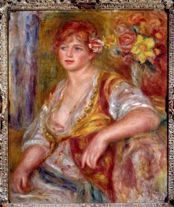 Blondinen har rosen. Portræt af Andree Madeleine Heuschling (1900-1979) med tilnavnet "Dedee", en komiker kendt som Catherine Hessling (hun giftede sig med Jean Renoir i 1920). Maleri af Pierre Auguste Renoir (1841-1919), ca. 1915. Olie på lærred. Fransk I af Pierre Auguste Renoir