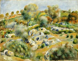 Bretagne-landskab med træer og klipper af Pierre Auguste Renoir