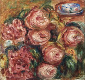 Sammensætning med roser og en kop te af Pierre Auguste Renoir