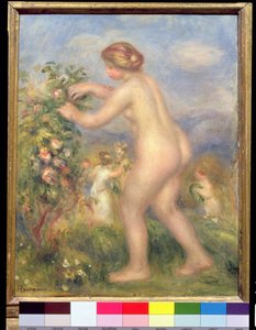 Kvindelige nøgen plukker blomster