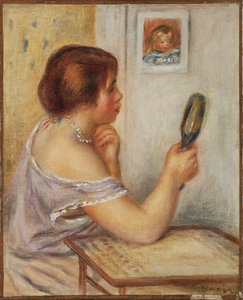 Gabrielle holder et spejl eller Marie Dupuis holder et spejl med et portræt af Coco, begyndelsen af 1900-tallet af Pierre Auguste Renoir