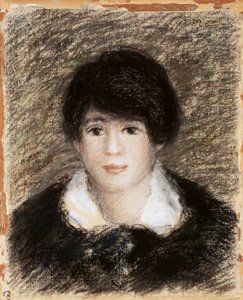 Ung kvinde, ansigtsbillede med sort kjole og hvid krave. Tegning af Pierre Auguste (Pierre-Auguste) Renoir (1841-1919)
