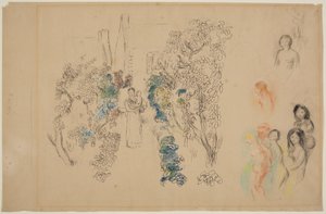 Landskab og figurer (blyant, blæk, wc og farveblyant på papir) af Pierre Auguste Renoir