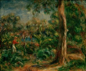 Det store træ. Kvinde med rød bodice i haven i Ca af Pierre Auguste Renoir