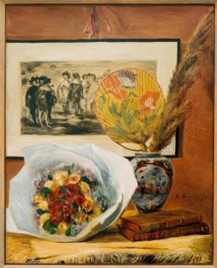 Stilleben med en buket og en vifte af Pierre Auguste Renoir