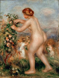 Ode til blomster. Nøgen kvinde ceuillating roser har et rosentræ. Maleri af Pierre Auguste Renoir (Pierre-Auguste